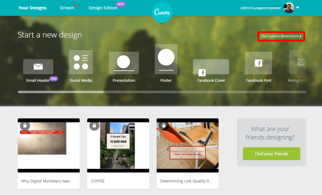 Canva Home Page Custom Dimensions Box
