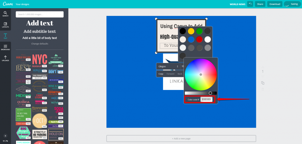 Canva Design Page Text Editing Color Wheel Code Number