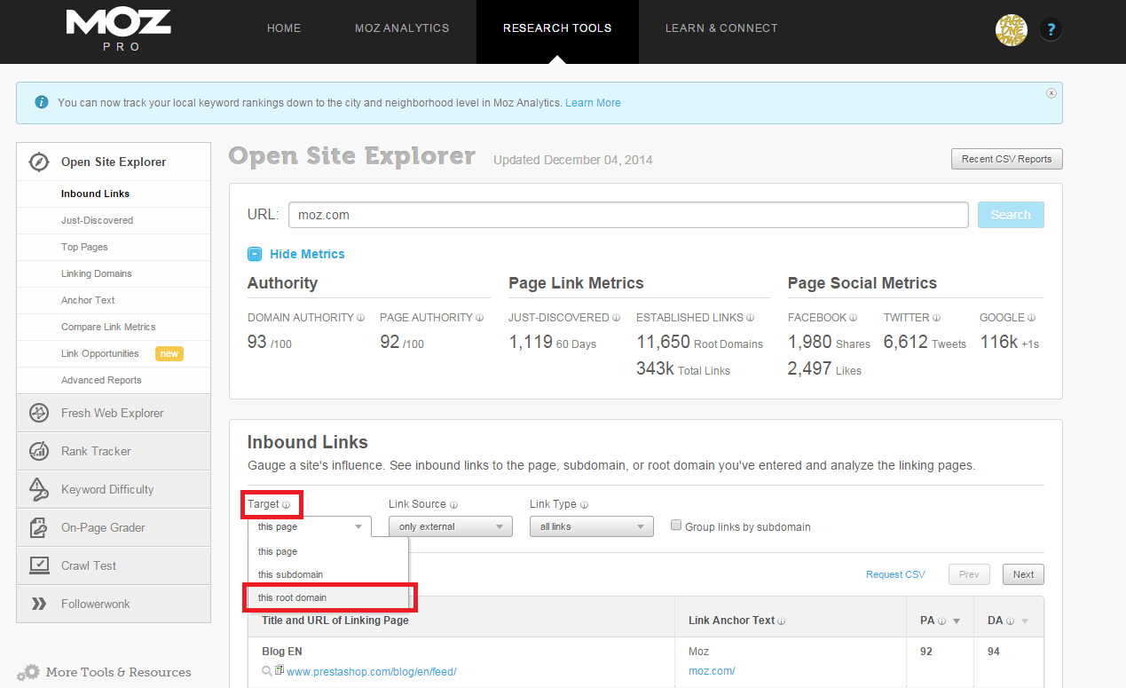 Open Site Explorer Root Domain