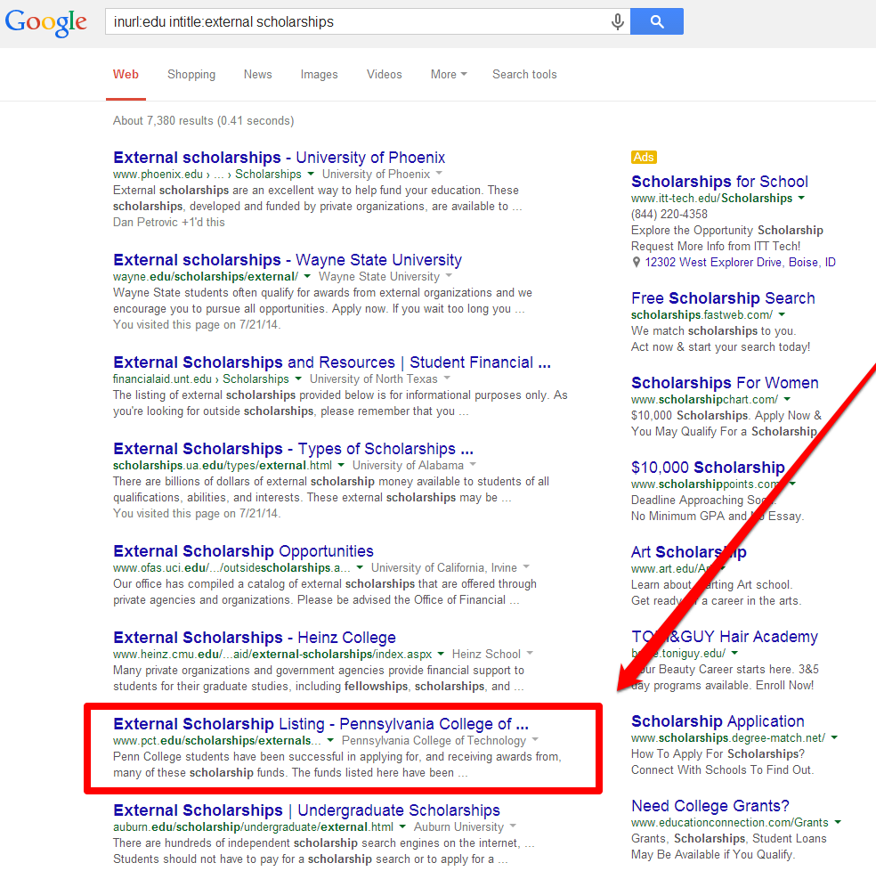 External Scholarships SERP with Arrow