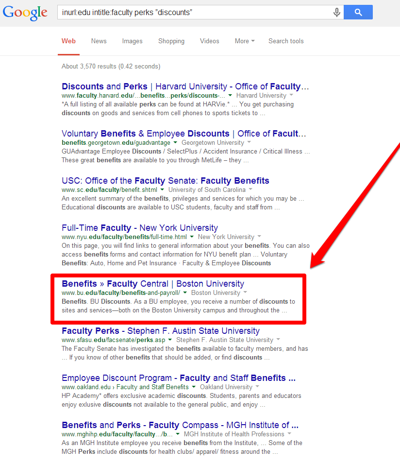Employee Discounts SERP with Arrow