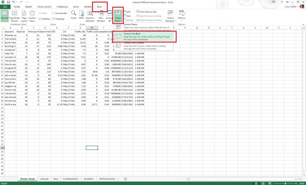 Excel freeze top row