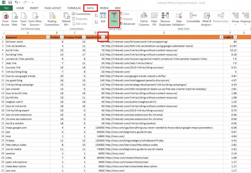 Excel filter data