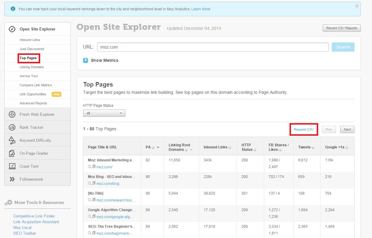 Open Site Explorer Top Pages