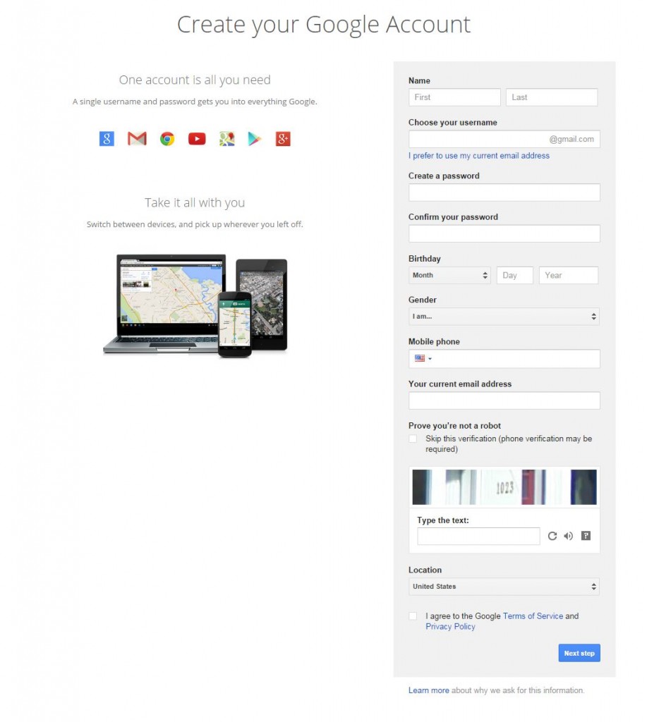 Google Account Form