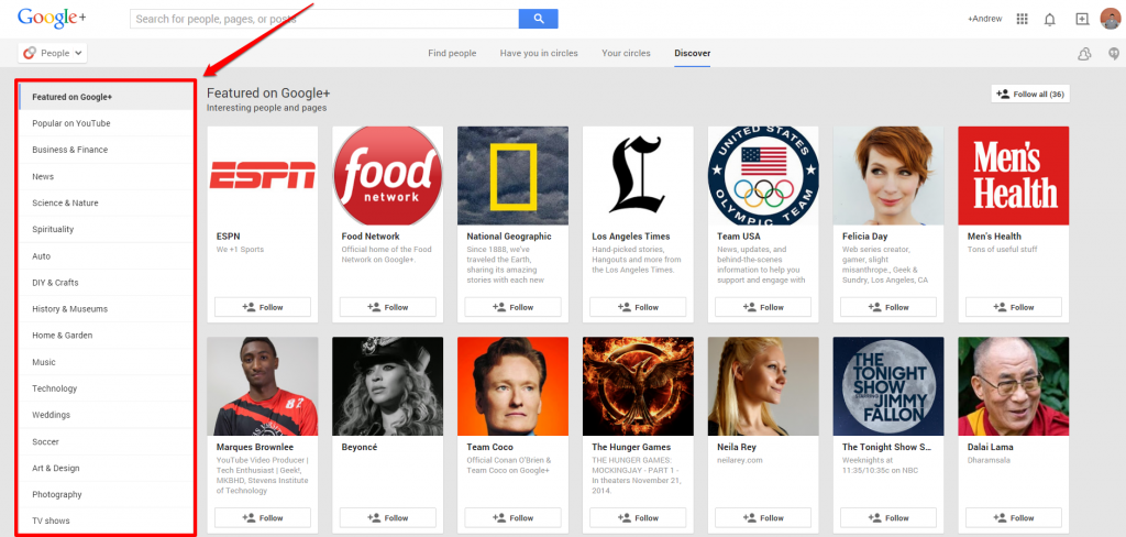 Google Plus Discover Page with Arrow