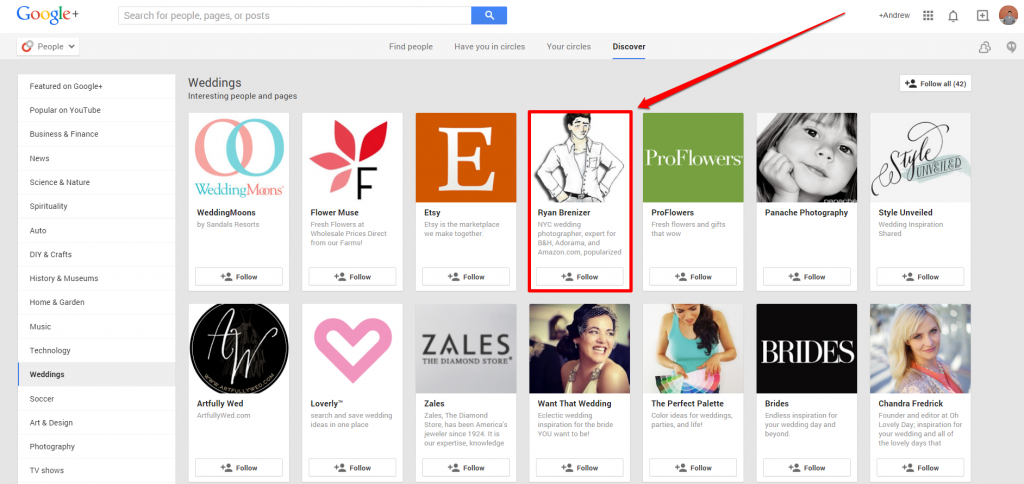 Google Plus Weddings Page with Arrow
