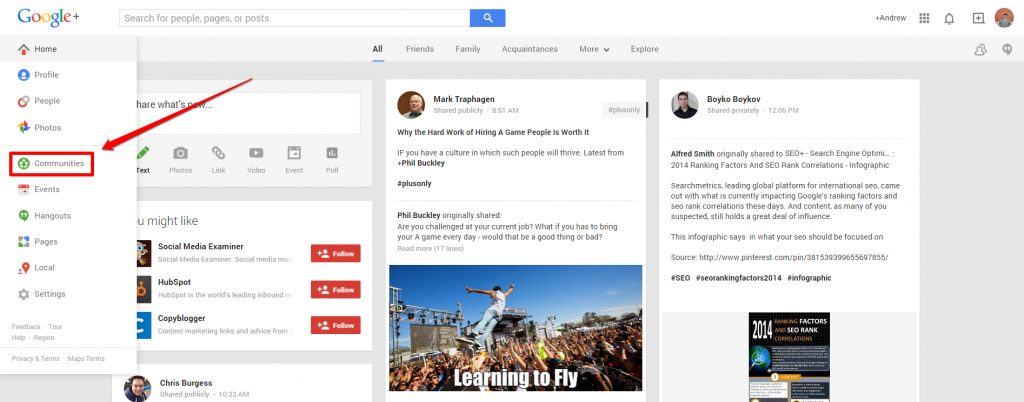 Google Plus Drop Down with Arrow Communities