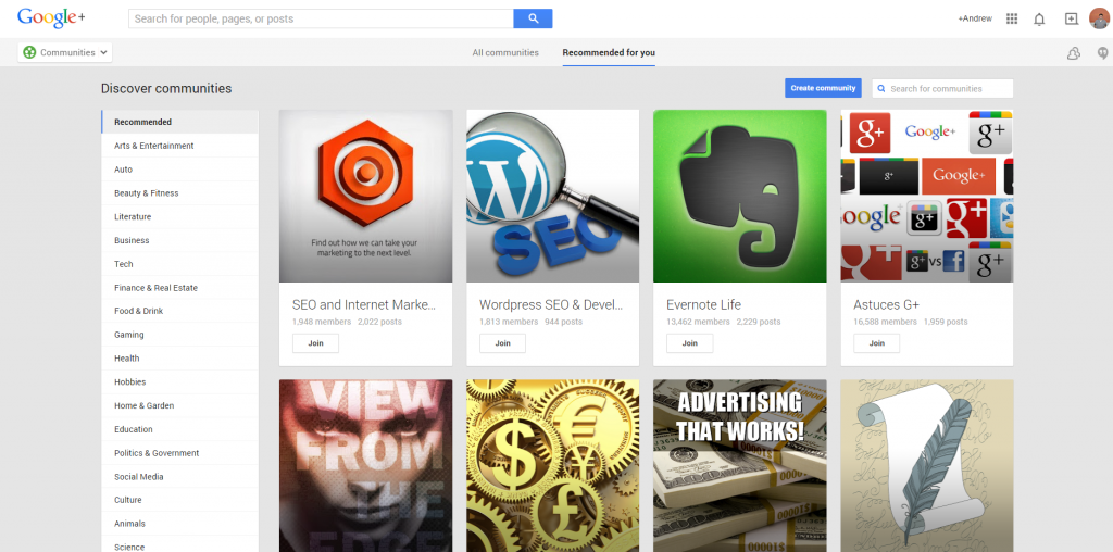 Google Plus Suggested Communities