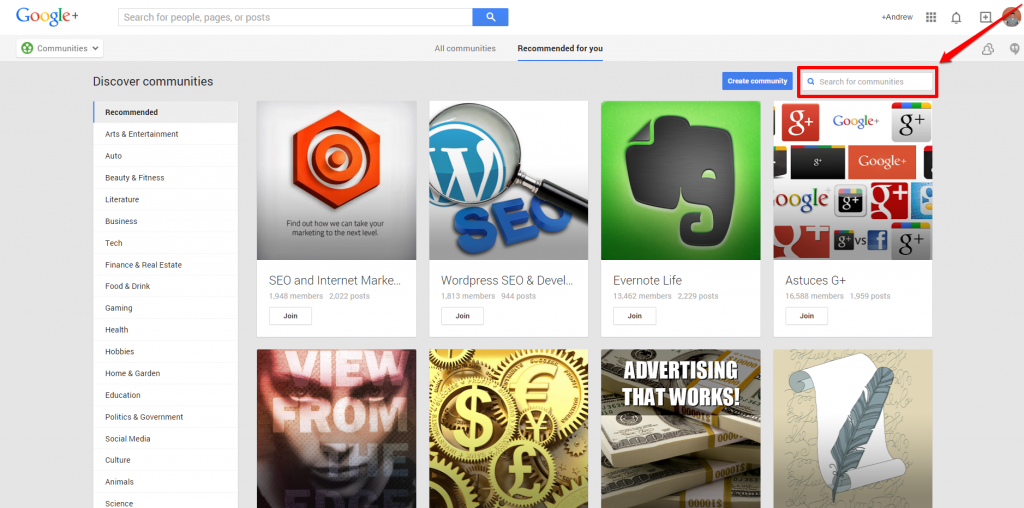 Google Plus Communities Search box with Arrow