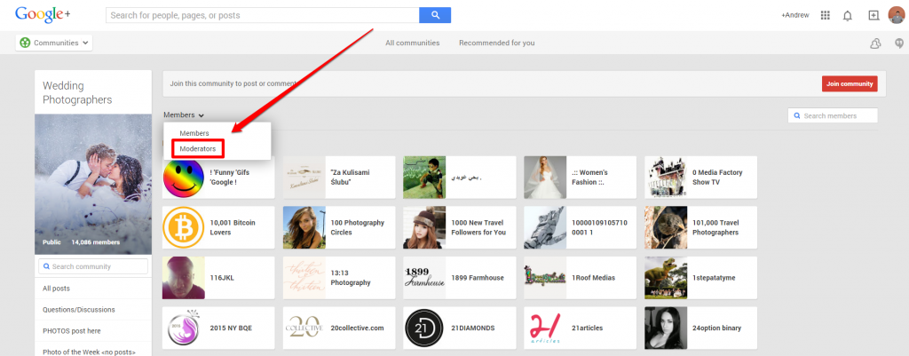 Google Plus Wedding Photog Community Members Drop Down with Arrow