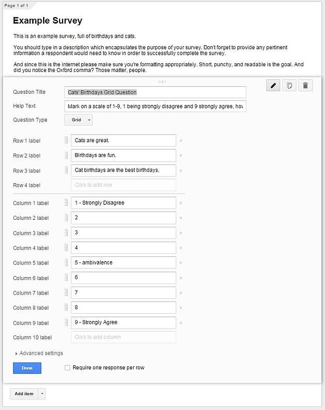 grid question filled out