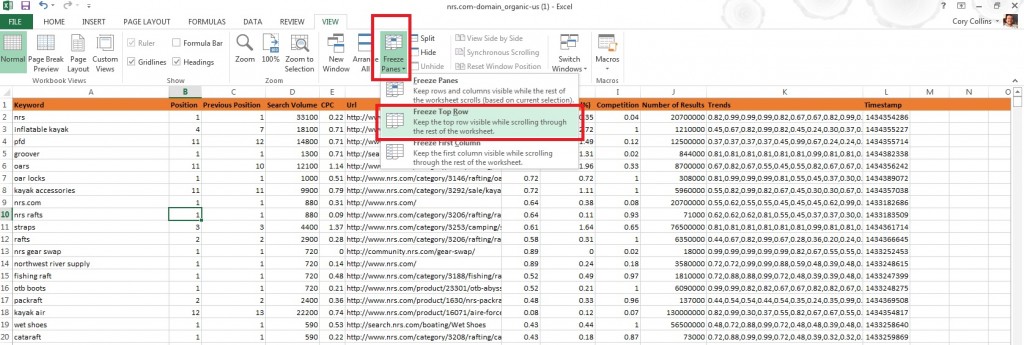 Freeze top row Excel