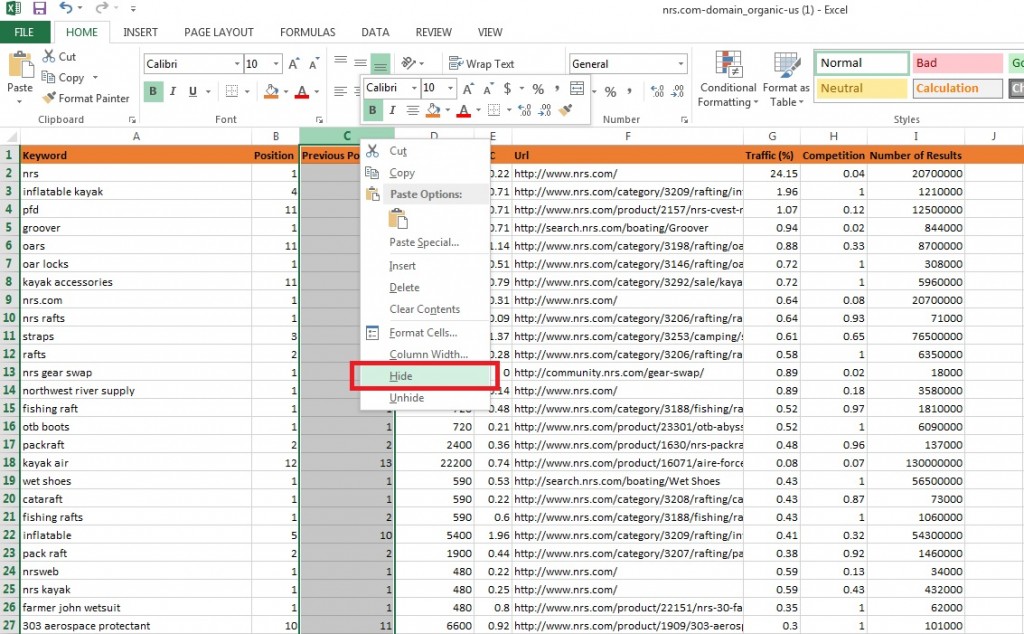 Hide column in excel