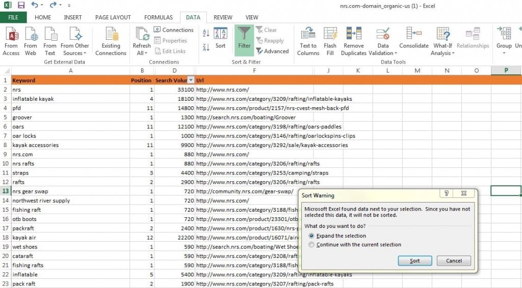 Excel filtering by search volume