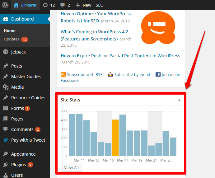 WordPress Linkarati Dashboard Site Stats with Box