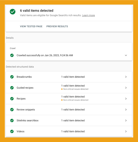 Results of Google Rich Results Test