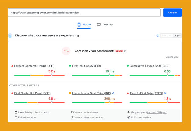 Results of Pagespeeds Insights Test