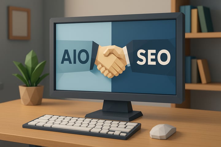 lowpoly A computer screen that has two sides one that says AIO the other that says SEO and in the middle they have a handshake symbol to show that the-1