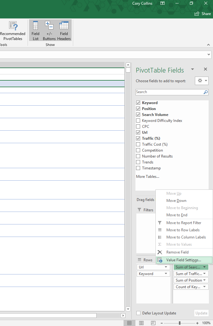 Change value field settings