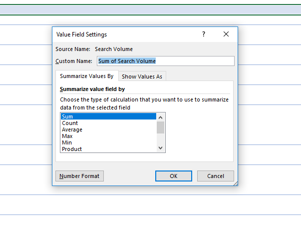 Sum of search volume field setting