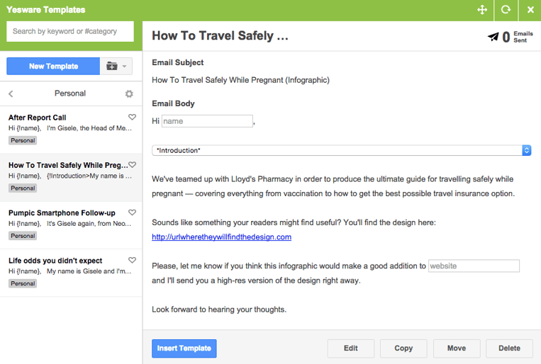 Yesware templates screenshot