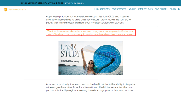 Screenshot of Page One Power blog post with call-to-action in orange font above an image of a woman in front of the ocean.
