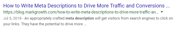 A picture an individual search engine result displaying a title tag that reads: “How to Write Meta Descriptions to Drive More Traffic and Conversions…,” and a meta description that reads: “An appropriately crafted meta description will get visitors from search engines to click on your links. They have the potential to drive more…”