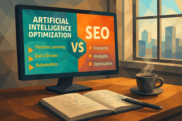 lowpoly The image features a modern sleek digital workspace with a large monitor displaying a colorful dynamic infographic about Artificial Intelligen (1)